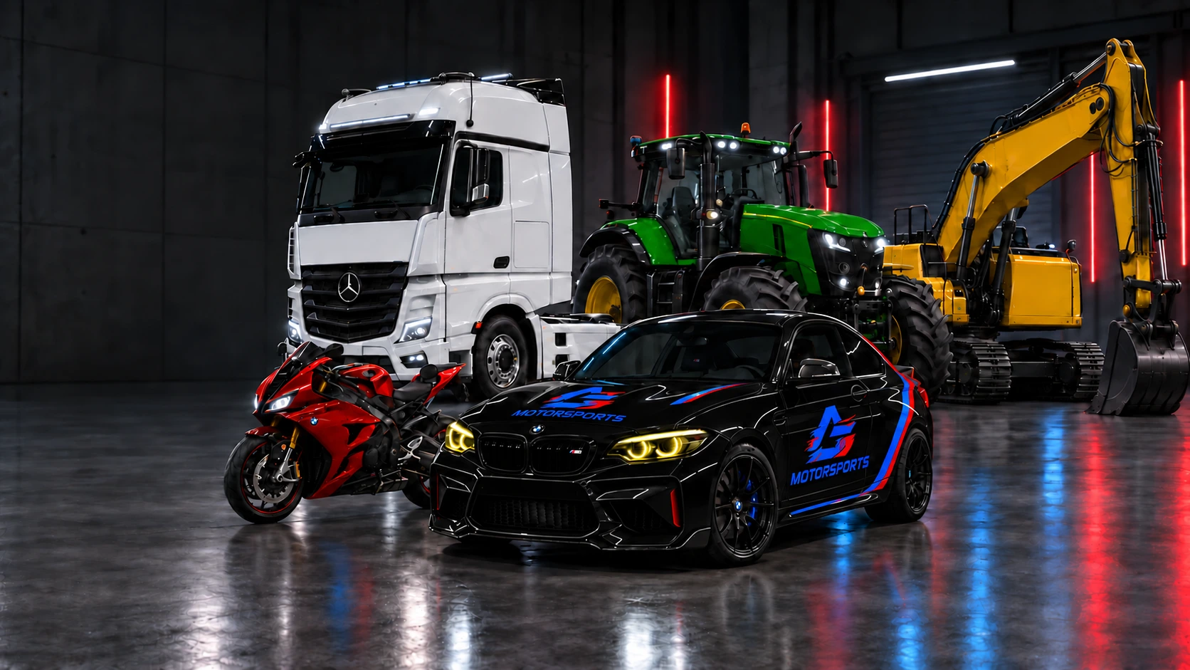 Création visuelle : BMW M2 noire aux phares jaunes en livrée AG Motorsports, moto rouge, camion blanc, tracteur agricole vert et pelle de chantier jaune